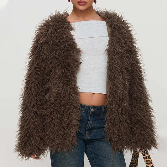 SF AL 24T327 V-Neck Faux Fur Coat Women Polyester Jackets for Women Long Sleeves Brown Color Ladies Fur Coat