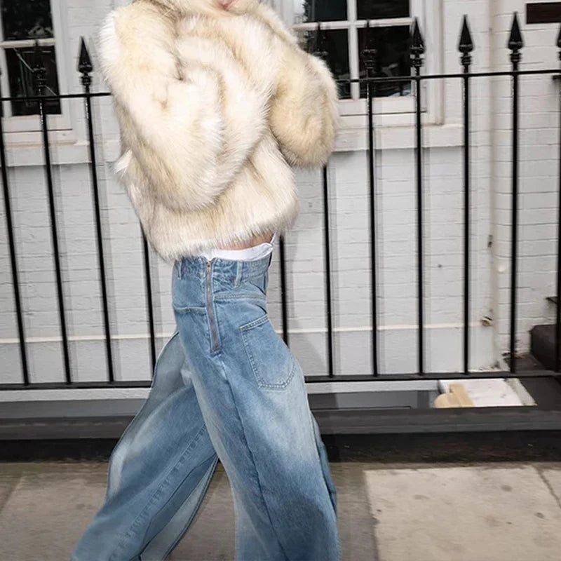 SF AL 24T293 Eco-Friendly Women Faux Fox Fur Coat Lapel Short Coats for Women Long Sleeves Ladies Faux Fur Coat