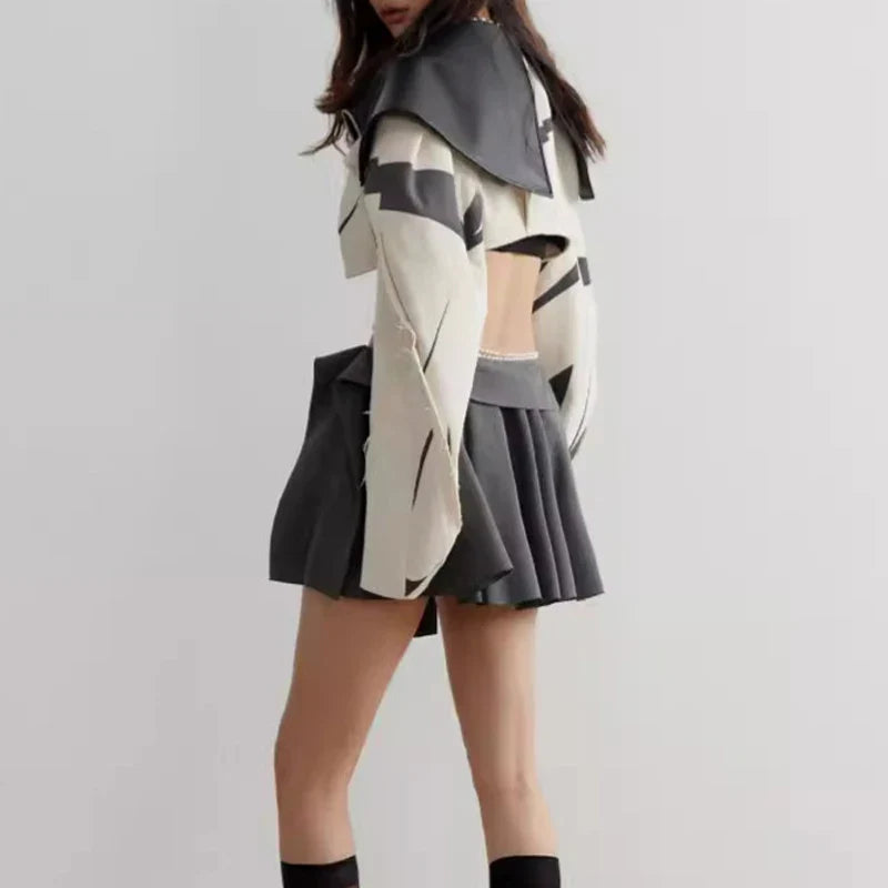 SF AL 24T318 Raw Edge Color Blocking Beige Jackets for Women Zipper Closure Patchwork Pu Leather Lapel Ladies Jacket