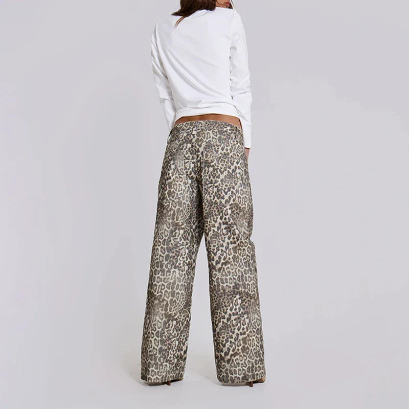SF AL 24B030 Washed Leopard Print Women's Pants Trousers Wide Leg Pants Women High Street Cotton Women Leopard Jeans
