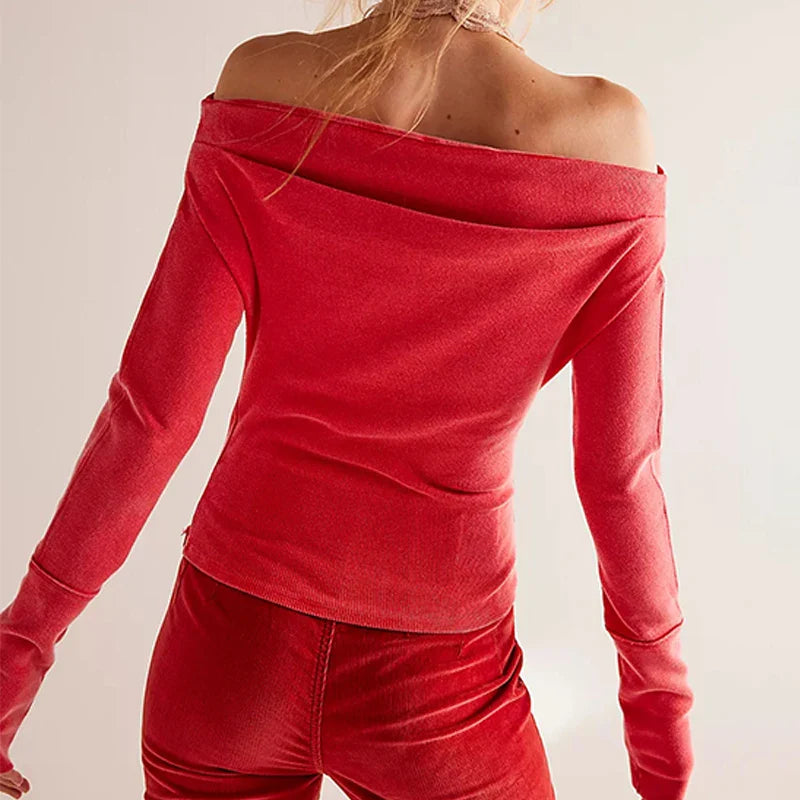 New Design Women Long Sleeve T-Shirts Women Off-The-Shoulder Ribbed Long-Sleeve Tee Sexy Casual Womens Tank Tops