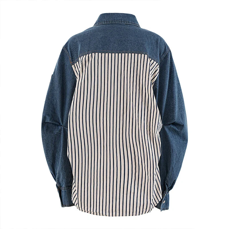 SF AL 24T319 Clashing Denim Zipper Loose Striped Shirt Patchwork Polyester Slim Fit Shirts for Women Ladies Blouse