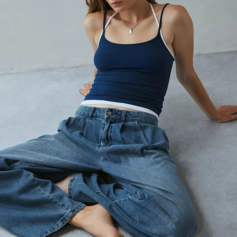 SF AL 24T079 Spaghetti Strap Women Camisole Backless Halter Crop Tops for Women Patchwork Sweet Cotton Spandex Short Tank Top