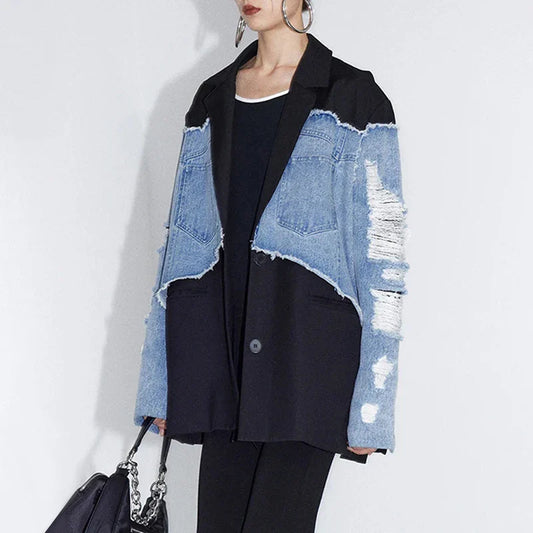 SF AL 24T135 Lapel Collar Women's Denim Jackets Washed Destroy Denim Patchwork Jacket Oversized Ladies Denim Jacket