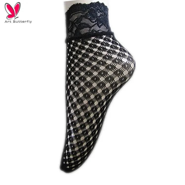 Factory Direct Sale Custom Logo Black Ankle Fishnet Lace Kneehi Short Socks for Women