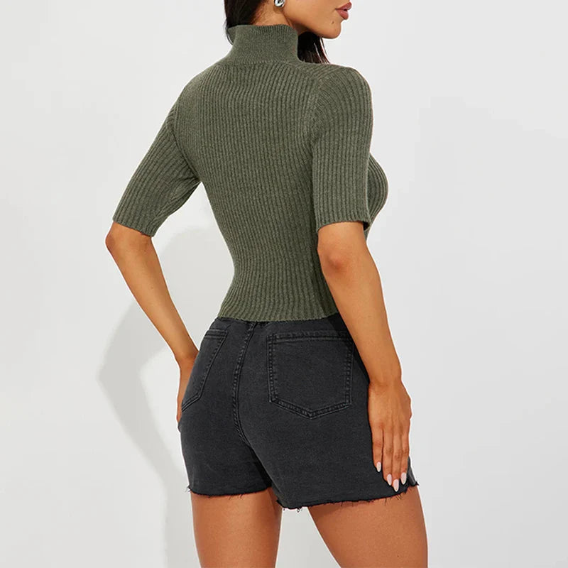 China Manufacturer Women Short Sleeve Sweater Top Mock Neck Sweater for Casual Life Ribbed Short Women Tank Tops