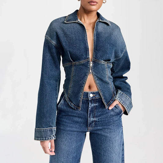 Lapel Two-Way Zip Closure Cotton Breathable Denim Jacket Denim Jacket With Zippers Decoration Washed Women Casual Denim Jacket