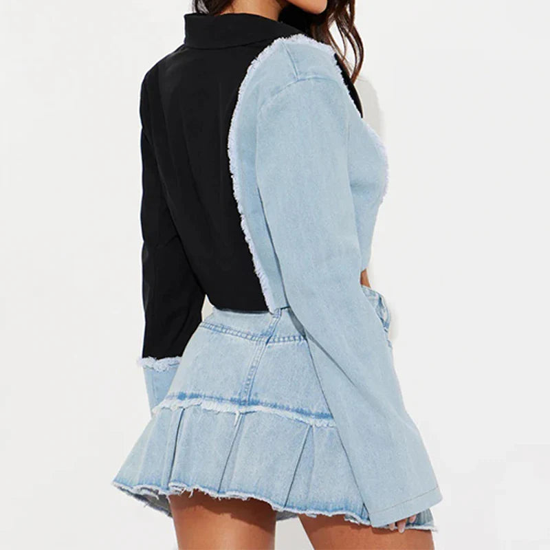 SF AL 24T300 Long Sleeve Custom Denim Jacket Colorblock Patchwork Cropped Women Jacket Winter Black Short Coat