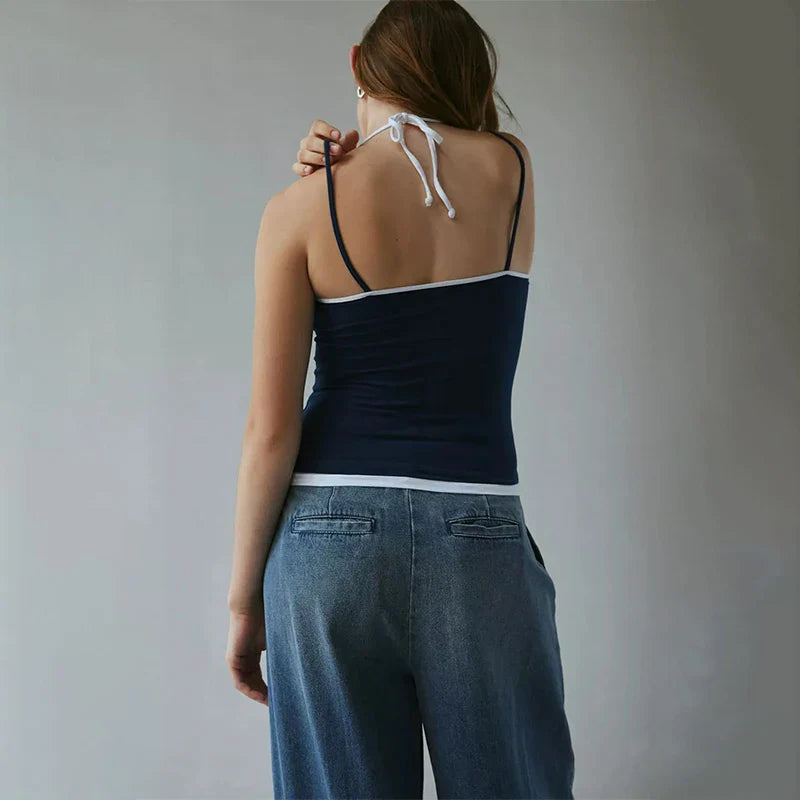 SF AL 24T079 Spaghetti Strap Women Camisole Backless Halter Crop Tops for Women Patchwork Sweet Cotton Spandex Short Tank Top
