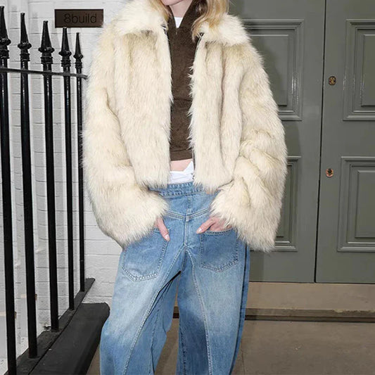 SF AL 24T293 Eco-Friendly Women Faux Fox Fur Coat Lapel Short Coats for Women Long Sleeves Ladies Faux Fur Coat