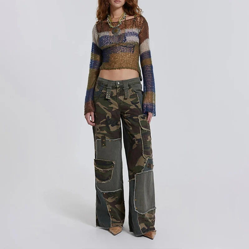 New Trend American Retro Flared Sleeves Knit Women Tops Boat Neckline Multi Abstract Print Casual Shirts Blouse Women Tops