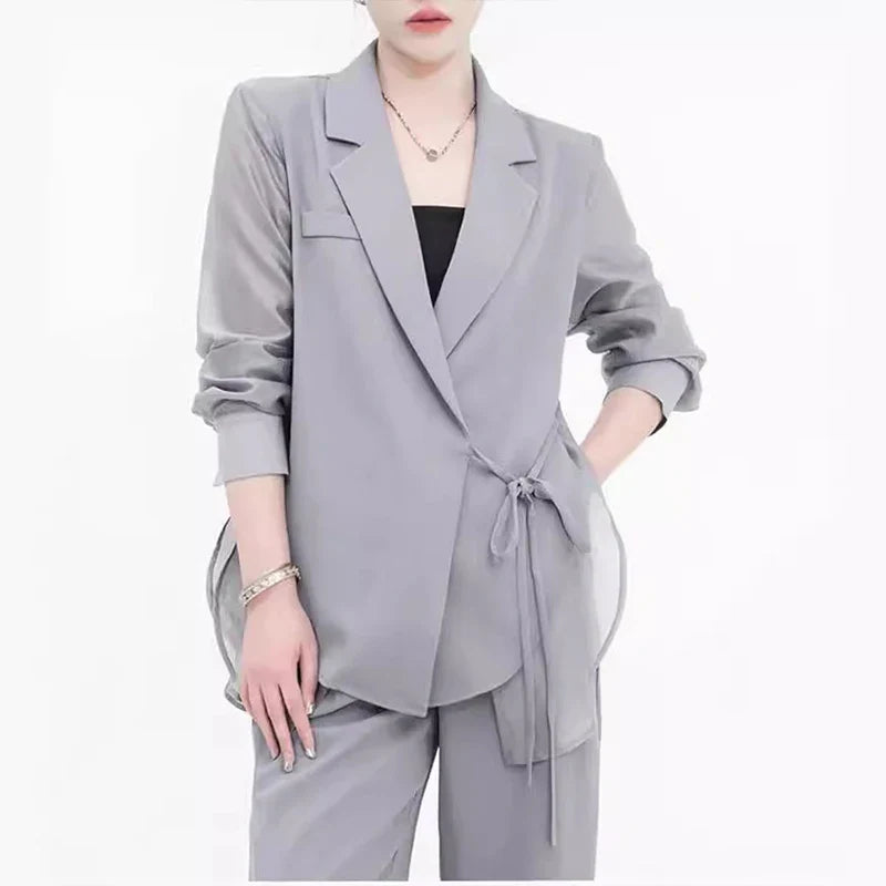 SF AL 24S040 Blazer Set for Women Lapel Thin Patchwork Ladies Suit Loose Wide-Legged Trousers Polyester Women Suits Set