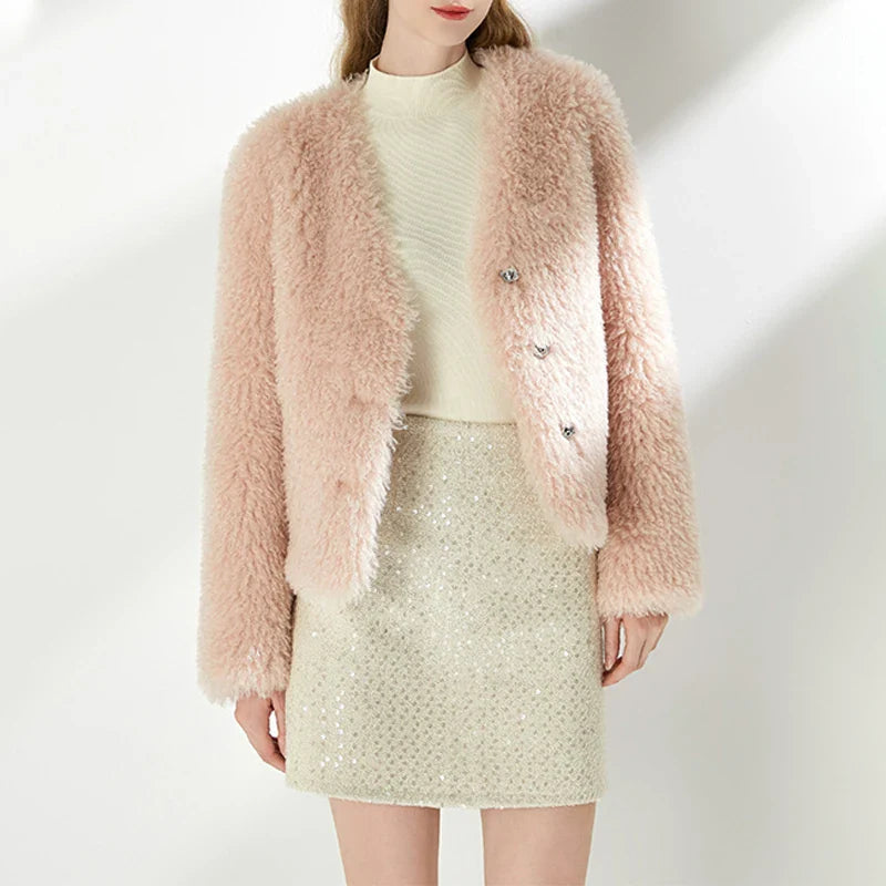 SF AL 24T313 Fur Coat for Women Polyester Fur Jacket Women V-Neck Pure Color Long Sleeves Faux Fur Coat