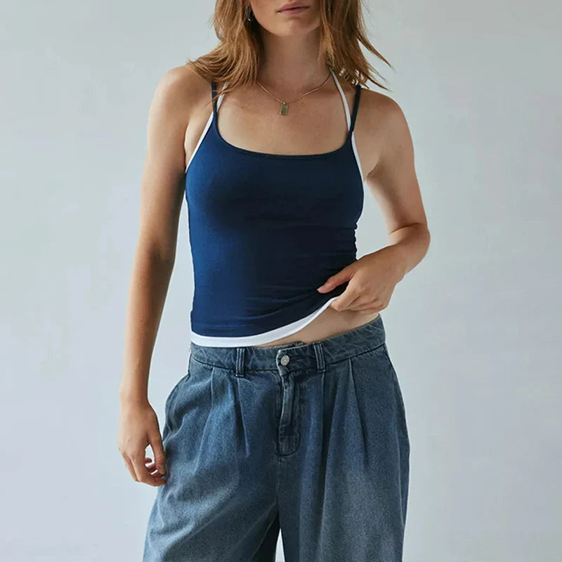 SF AL 24T079 Spaghetti Strap Women Camisole Backless Halter Crop Tops for Women Patchwork Sweet Cotton Spandex Short Tank Top