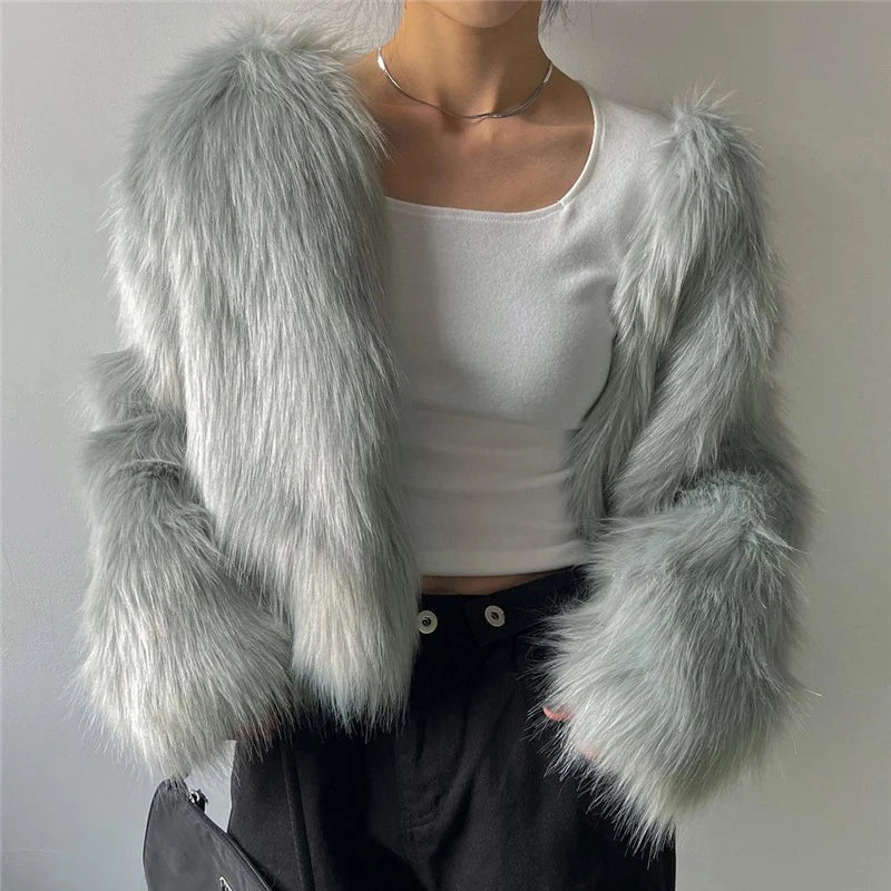 SF AL 24T328 Long Sleeves Short Slim Faux Fur Coat Crew Neck Pure Color Polyester Women's Faux Fur Coats