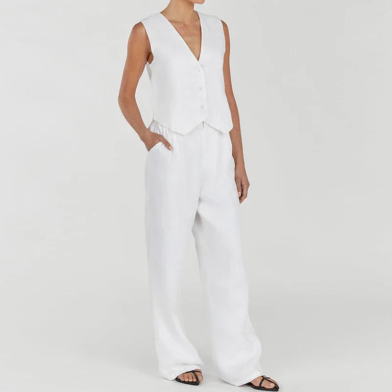 SF AL 24S034 Linen Women's Casual Suit Sleeveless Women's Casual Sets Solid Color Vest High Waist Pants Ladies Two Piece Set