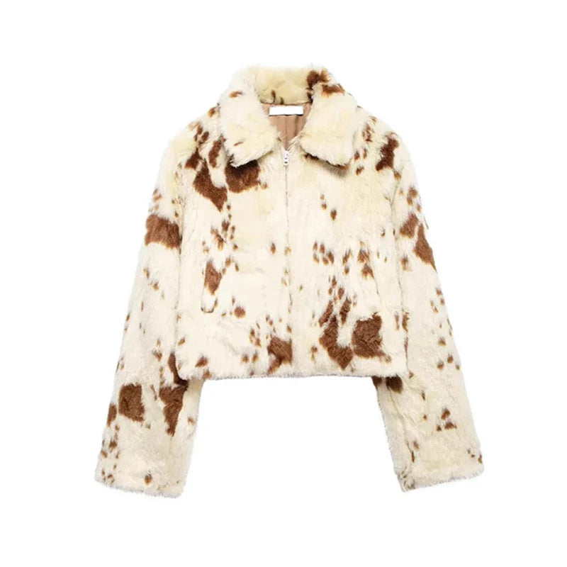 SF AL 24T308 Long Sleeves Women Faux Fur Coat Color Blocking Lapel Fur Leopard Print Polyester Women's Faux Fur Coats