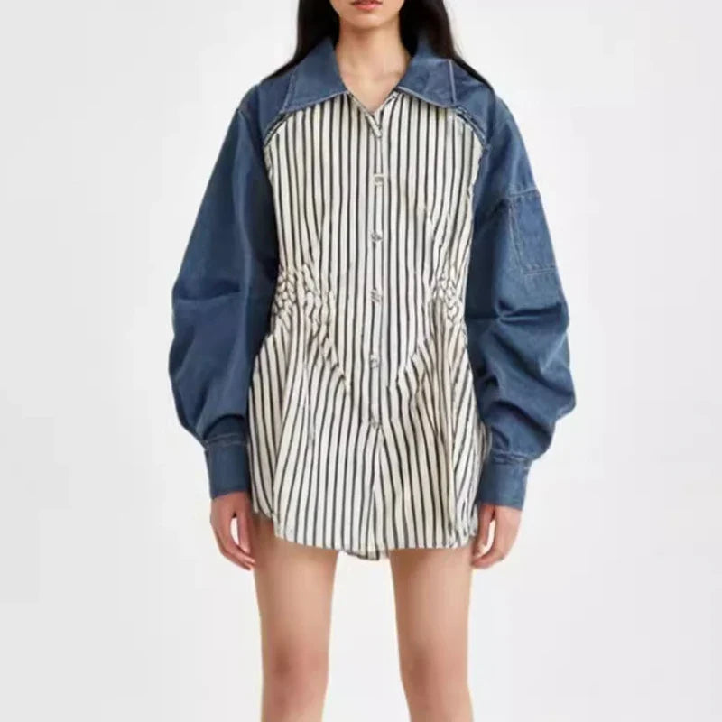 SF AL 24T319 Clashing Denim Zipper Loose Striped Shirt Patchwork Polyester Slim Fit Shirts for Women Ladies Blouse