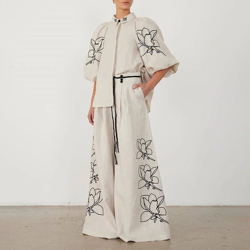 SF AL 24S033 Puff Sleeves Elegant Woman Sets Plant Flower Pattern Cotton Linen Embroidered Wide-Leg Pants Women 2 Piece Sets