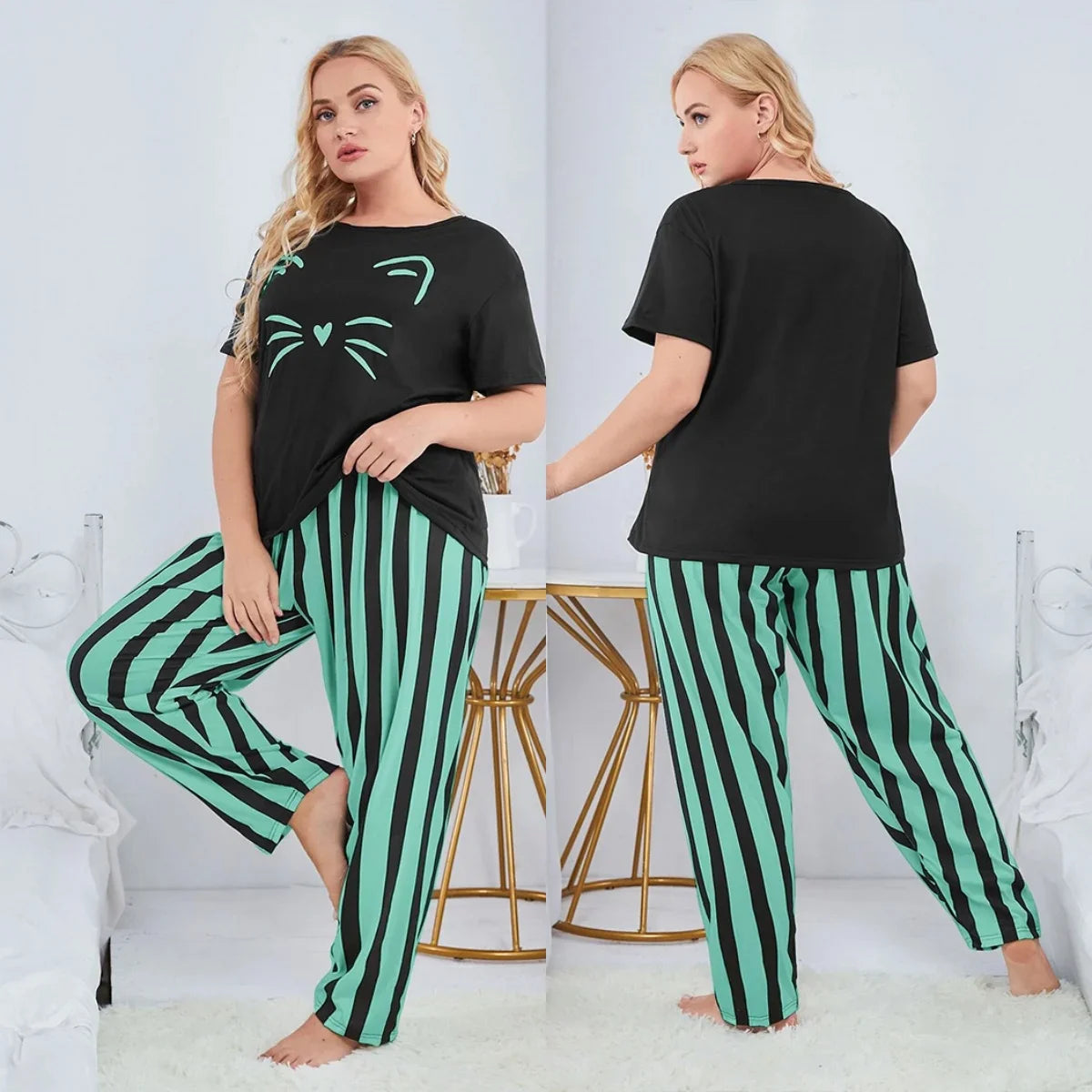 Russian Women's Loungewear Set Plus Size Cat Print Pajama Fat Size T-shirt and Striped Long Pants Sleepwear Comfy Homewear