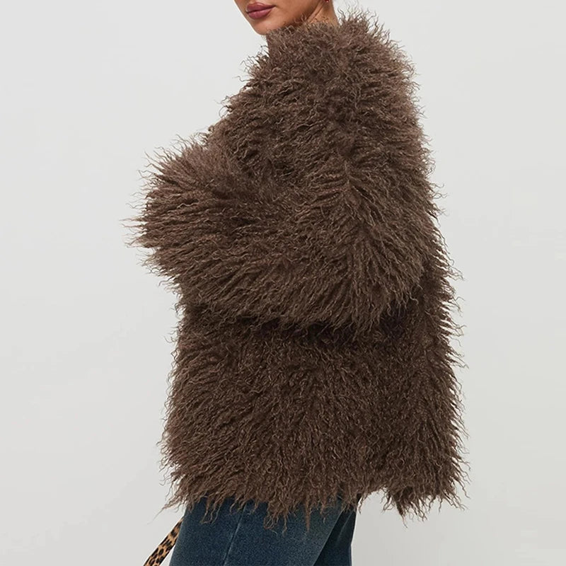 SF AL 24T327 V-Neck Faux Fur Coat Women Polyester Jackets for Women Long Sleeves Brown Color Ladies Fur Coat