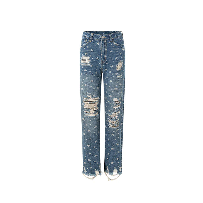 SF AL 24B034 High Waist Washed Women's Jeans Patchwork Personalized Street Cotton Straight Women Jeans Pants