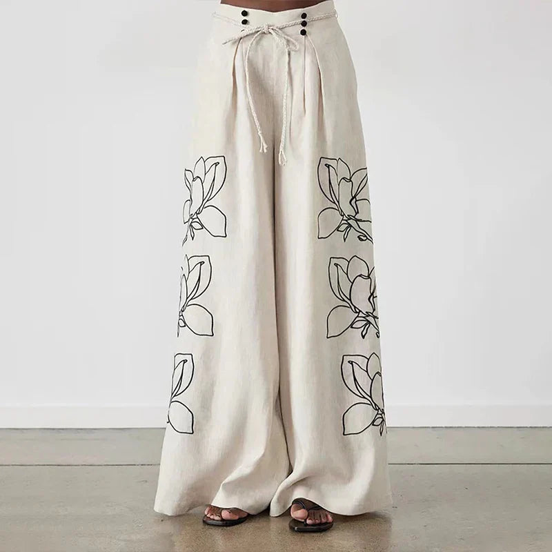 SF AL 24S033 Puff Sleeves Elegant Woman Sets Plant Flower Pattern Cotton Linen Embroidered Wide-Leg Pants Women 2 Piece Sets