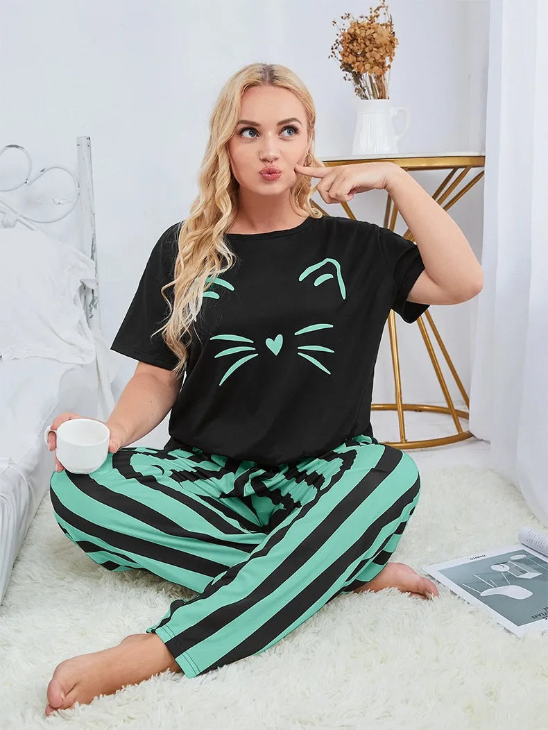 Russian Women's Loungewear Set Plus Size Cat Print Pajama Fat Size T-shirt and Striped Long Pants Sleepwear Comfy Homewear