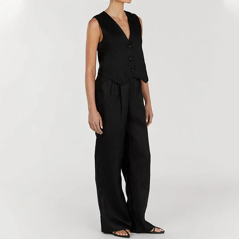 SF AL 24S034 Linen Women's Casual Suit Sleeveless Women's Casual Sets Solid Color Vest High Waist Pants Ladies Two Piece Set