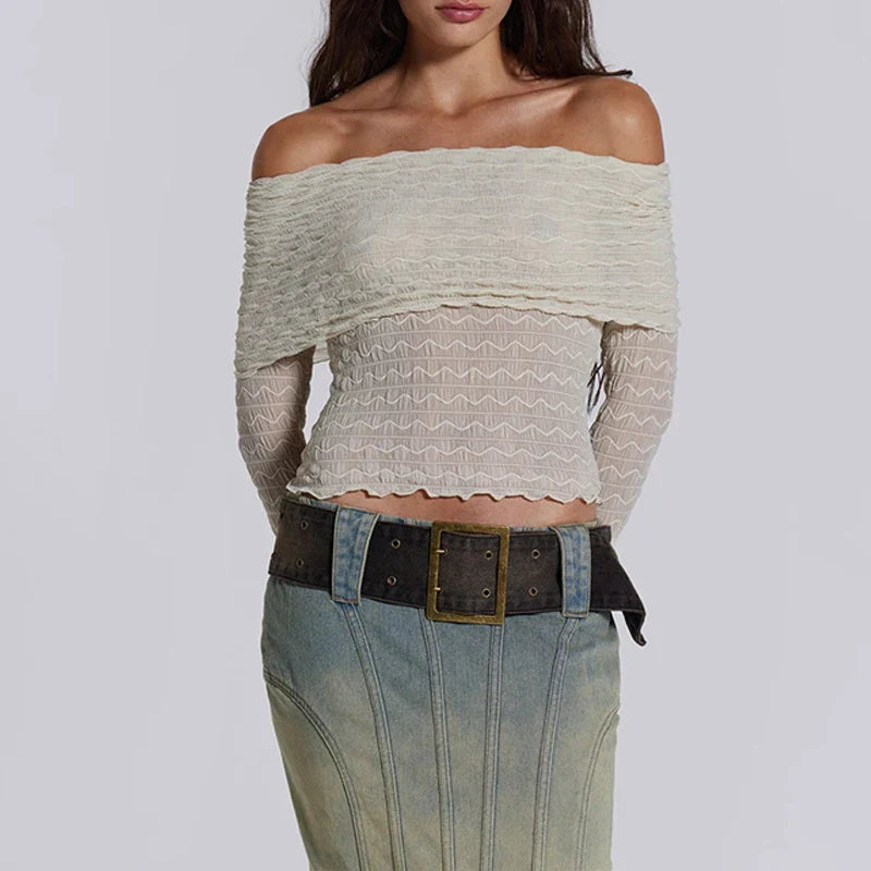 China Manufacturer Fashionable Off the Shoulder Women Tops Long Flared Sleeves Ruched Women Tops and Blouses