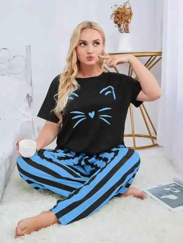 Russian Women's Loungewear Set Plus Size Cat Print Pajama Fat Size T-shirt and Striped Long Pants Sleepwear Comfy Homewear