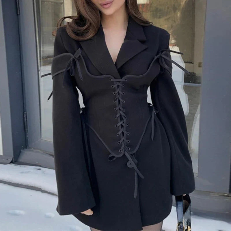 SF AL 24T323 Long Sleeves Girls Blazer With Bandage Waist Design Commuter Lapel Tweed Women Suit Polyester Casual Blazer