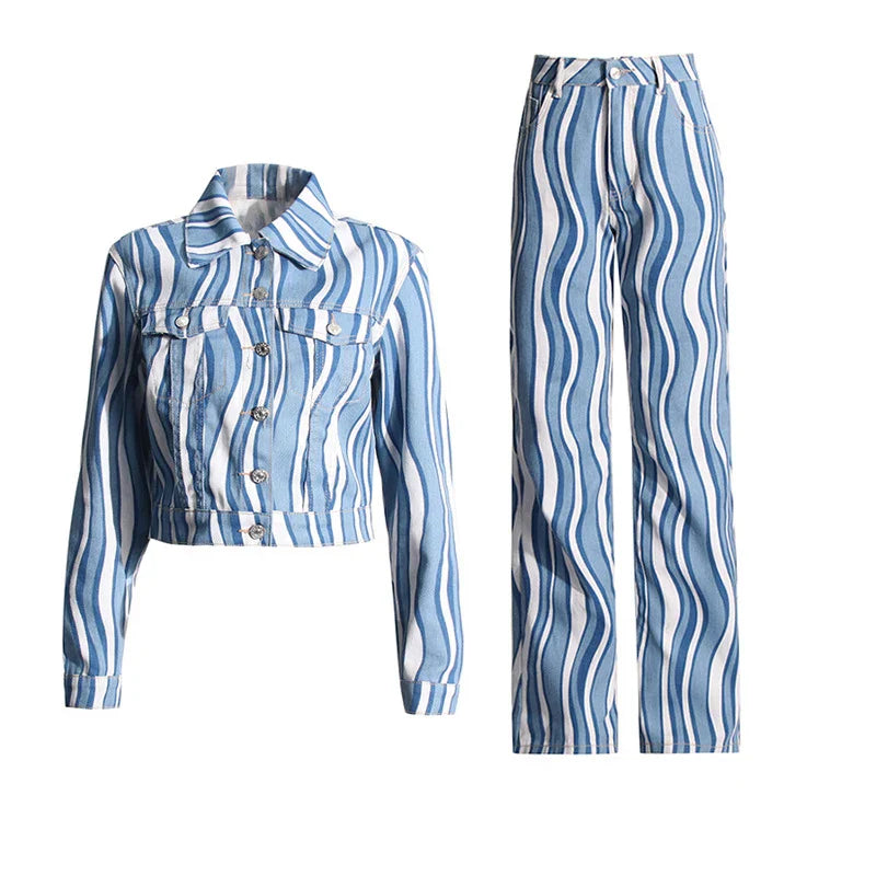 SF AL 24S032 Long Sleeves Wave Print Women's Denim Sets Short Slim Jacket High Waisted Straight Leg Pants Ladies Two Piece Sets