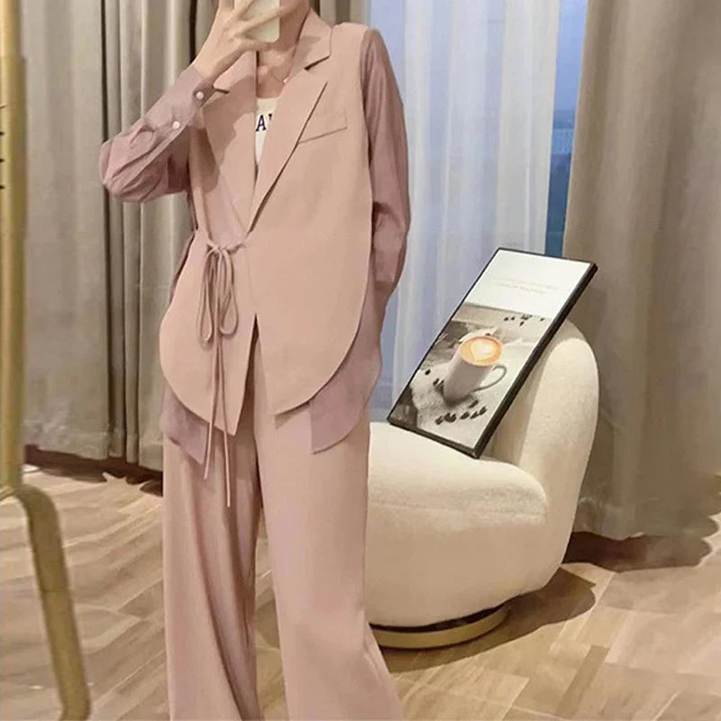 SF AL 24S040 Blazer Set for Women Lapel Thin Patchwork Ladies Suit Loose Wide-Legged Trousers Polyester Women Suits Set