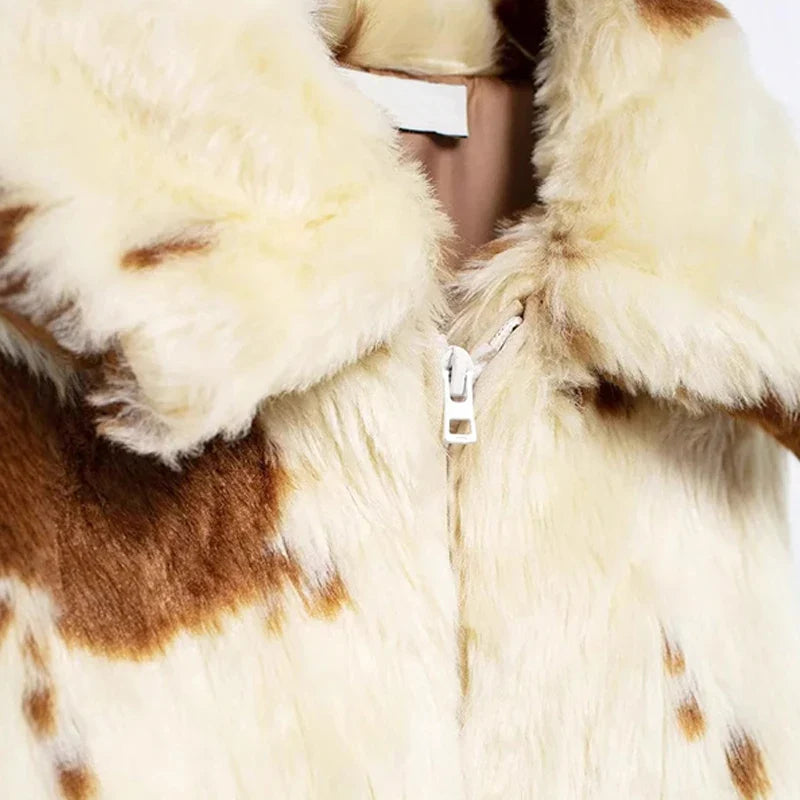 SF AL 24T308 Long Sleeves Women Faux Fur Coat Color Blocking Lapel Fur Leopard Print Polyester Women's Faux Fur Coats