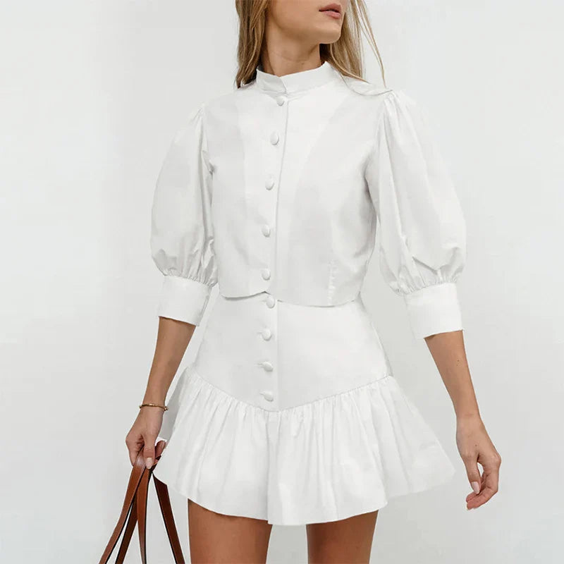 SF AL 24S038 Soild Color Women Skirt Set White Lantern Sleeve Shirt Short Skirt Two Piece Set Cotton Women's Casual Sets