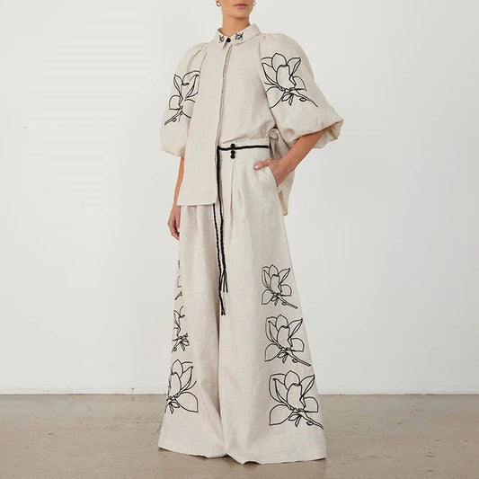 SF AL 24S033 Puff Sleeves Elegant Woman Sets Plant Flower Pattern Cotton Linen Embroidered Wide-Leg Pants Women 2 Piece Sets