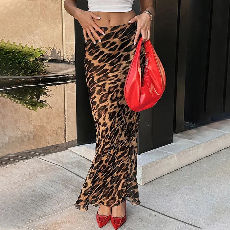SF AL 24B050 Low Waist Skirt for Women Chiffon Leopard Print Skirt Floor-Length Fishtail Hem Printed Long Skirts