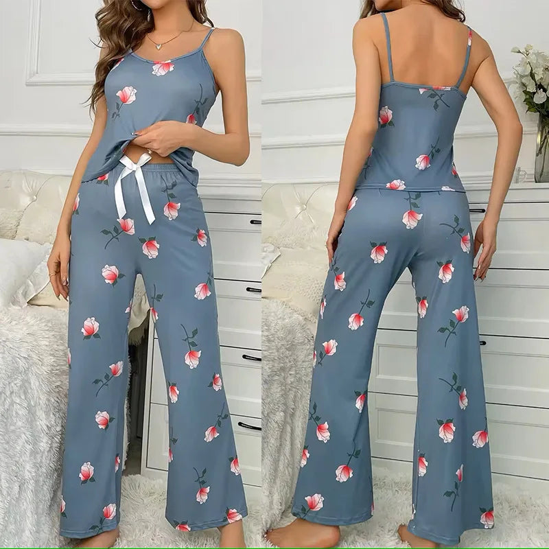 Sfy-y1470 Floral Print Women's Sleepwear Two-piece Sexy Casual Camisole and Pants Long Pants Pajamas Casual Loungewear Set