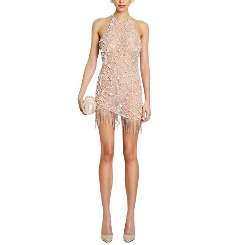 Custom Strapless High Neck Embellished Dress Fringed Slim Preppy Evening Dress  Ball Gown Club Dresses