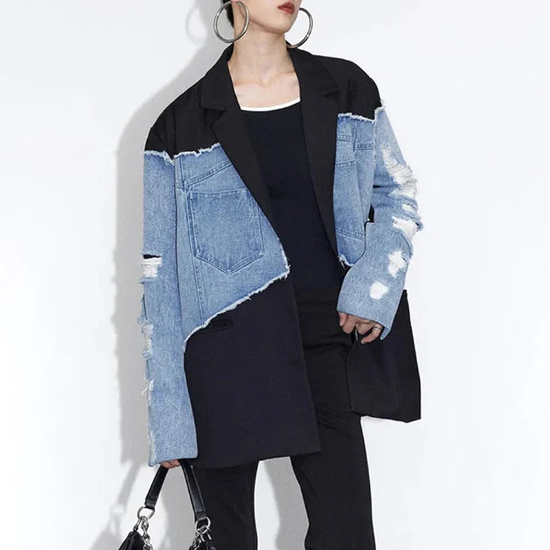 SF AL 24T135 Lapel Collar Women's Denim Jackets Washed Destroy Denim Patchwork Jacket Oversized Ladies Denim Jacket