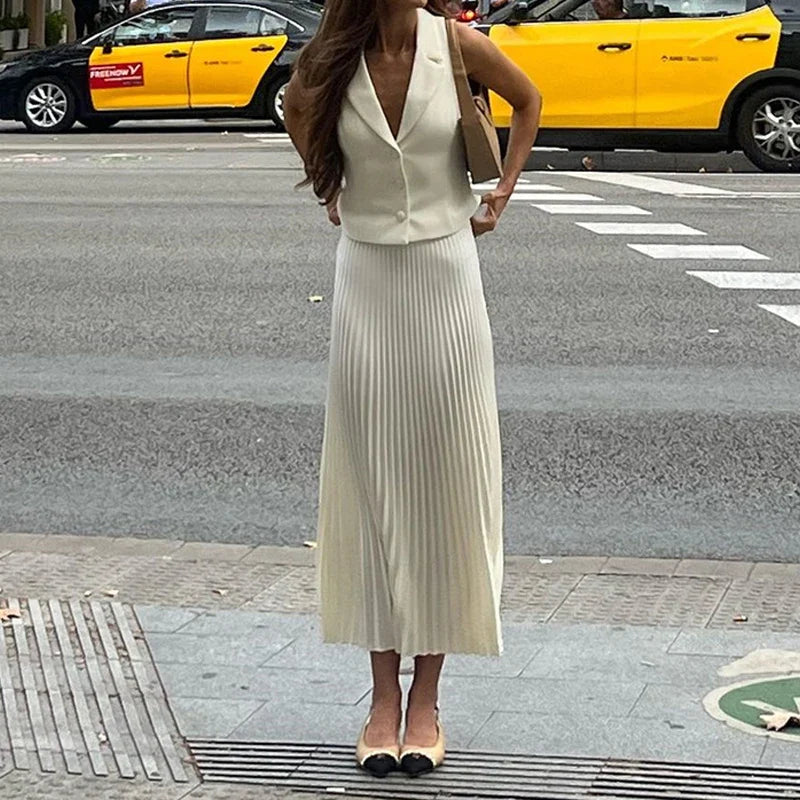 SF AL 24S046 Polyester Women 2 Pieces Set Lapel Suit Vest Top Mid-Length Sleeveless Pleated Skirt Set