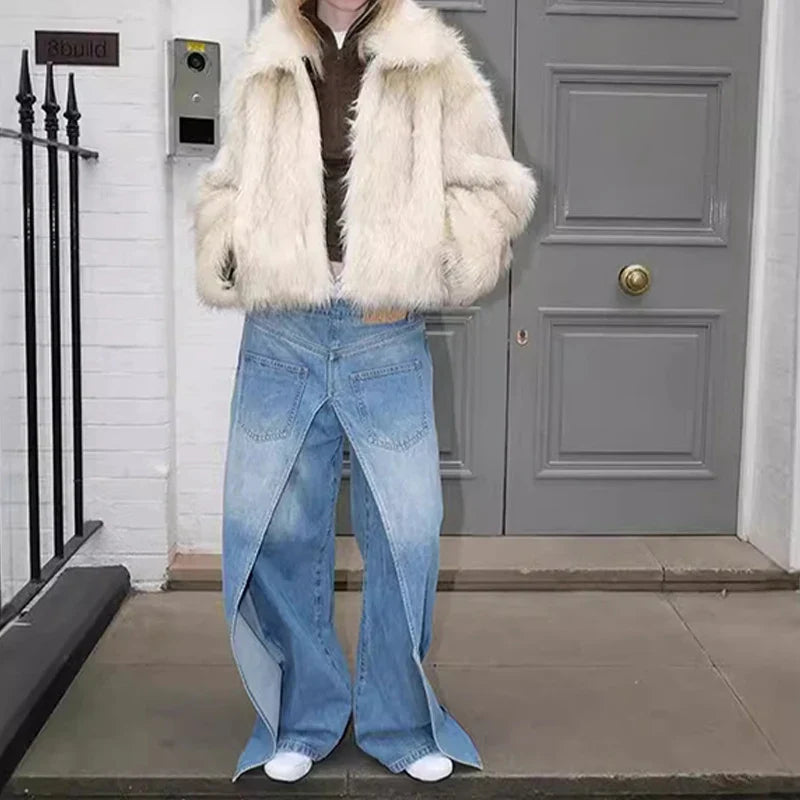 SF AL 24T293 Eco-Friendly Women Faux Fox Fur Coat Lapel Short Coats for Women Long Sleeves Ladies Faux Fur Coat