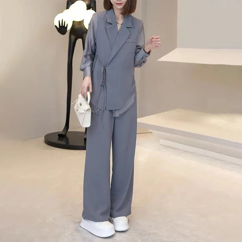 SF AL 24S040 Blazer Set for Women Lapel Thin Patchwork Ladies Suit Loose Wide-Legged Trousers Polyester Women Suits Set