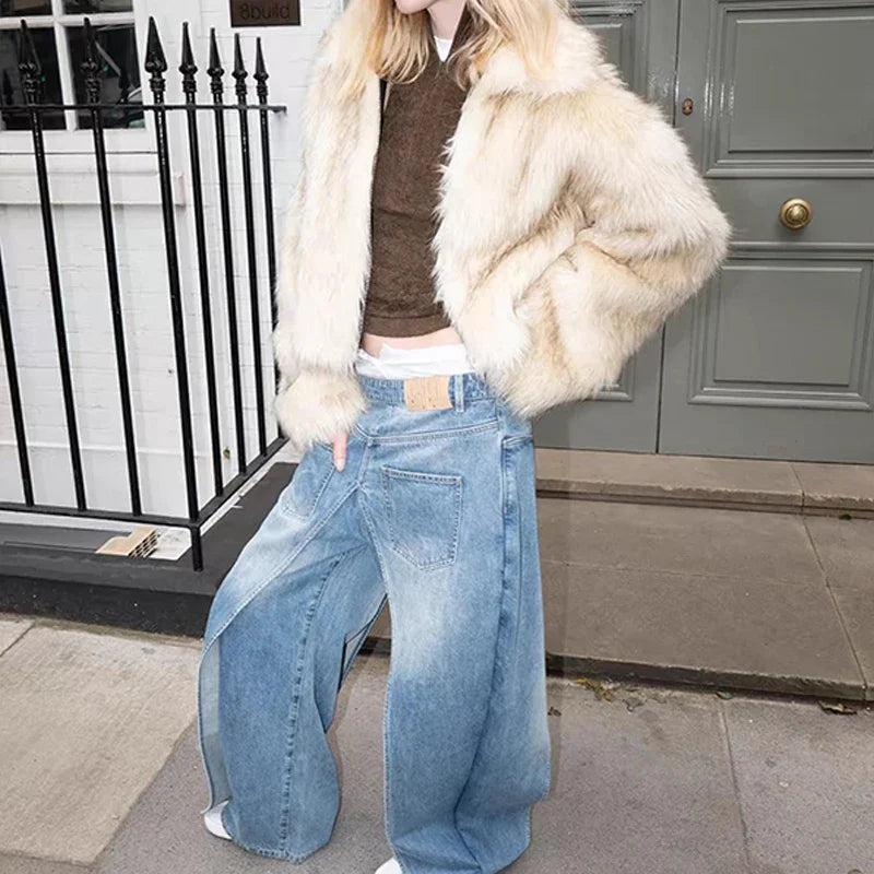 SF AL 24T293 Eco-Friendly Women Faux Fox Fur Coat Lapel Short Coats for Women Long Sleeves Ladies Faux Fur Coat