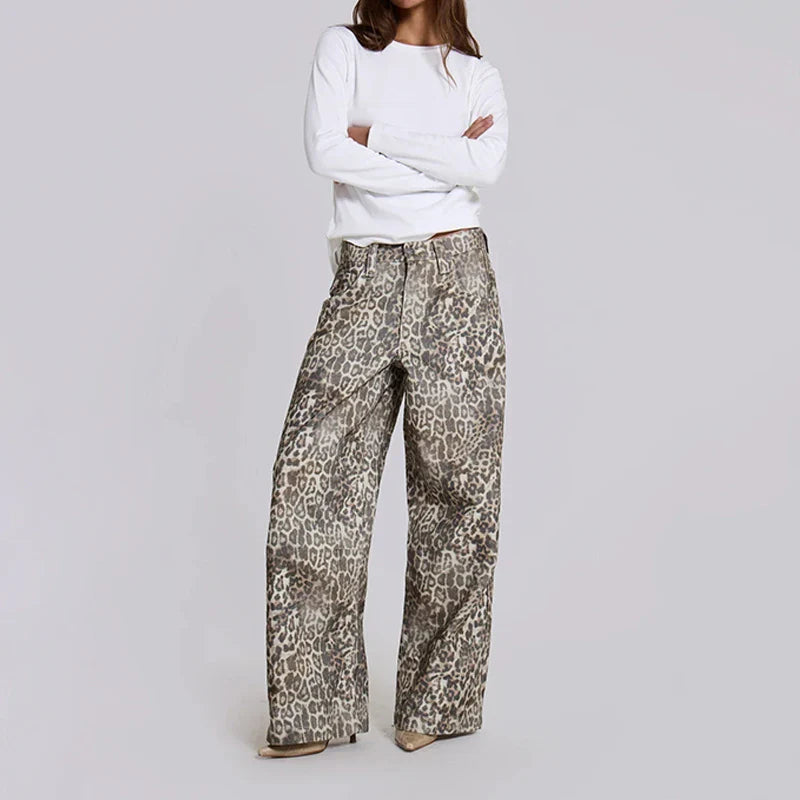 SF AL 24B030 Washed Leopard Print Women's Pants Trousers Wide Leg Pants Women High Street Cotton Women Leopard Jeans