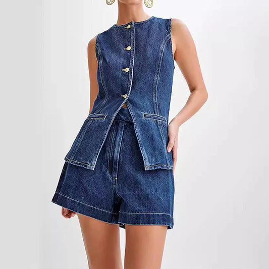 SF AL 24S041 Cotton Denim Sets for Women Casual Women Two Piece Set Sleeveless Top High Waisted Shorts Denim Set