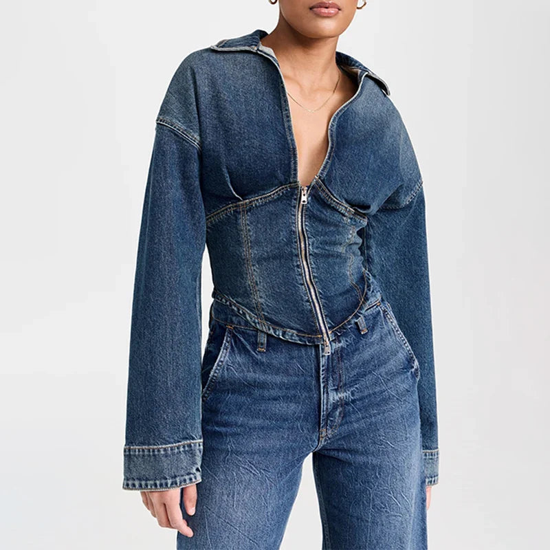 Lapel Two-Way Zip Closure Cotton Breathable Denim Jacket Denim Jacket With Zippers Decoration Washed Women Casual Denim Jacket