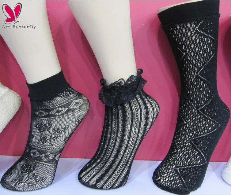 Factory Direct Sale Custom Logo Elastic Black Ankle Fishnet Kneehi Short Socks for Women