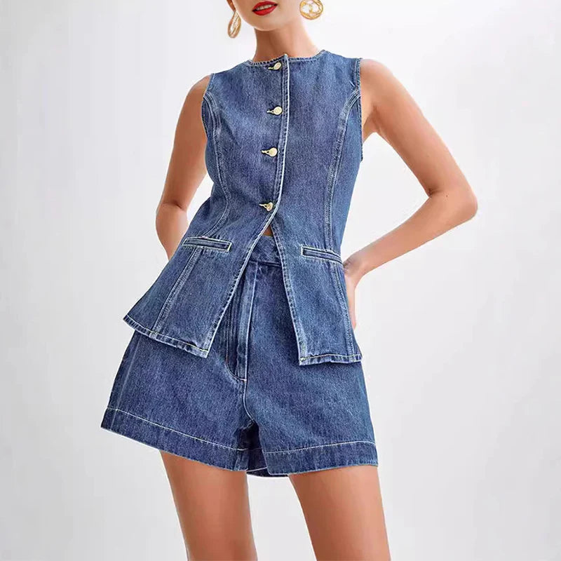 SF AL 24S041 Cotton Denim Sets for Women Casual Women Two Piece Set Sleeveless Top High Waisted Shorts Denim Set